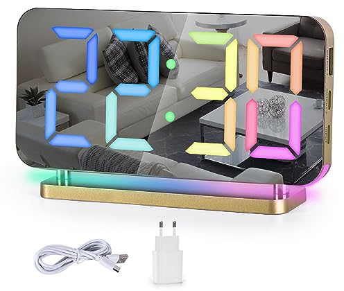 SZELAM Alarm Clock,Digital Alarm Clock,7.4 LED Mirror Clock with 10 Modes RGB Night Light,11 Colors LED Digital Display,Auto Dimming,USB C Charging Port,5 Levels Volume Table Clock for Bedroom Teens