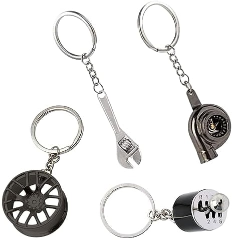 BNGXR Autoteile Schlüsselanhänger, 4 Stück Turbo Keychain Mini Getriebe Schaltgetriebe, Chrom Tuner Alu Felgen Deko Schraubenschlüssel Turbolader Schlüsselanhänger für Rucksäcke Autodekoration