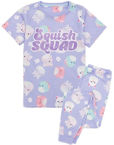 Squishmallows Mädchen Pyjama | Kinder Plüschtiere Lila Kurzarmoberteil Lange Hosen | Charaktere Squishy Weich Plüschtier Merchandise