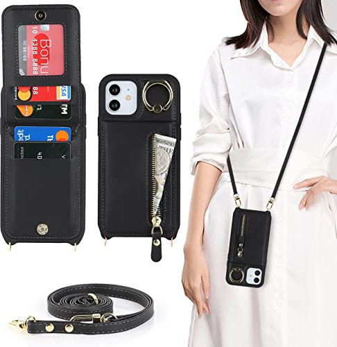 CAVOR Handykette iPhone 12/12 Pro Hülle Mit Band,Flip Leder Geldborse Handyhülle,[4 Kartenfach][Mit Ring Stander][Schnalle],Klapphülle Schutzhülle Handyhülle für iPhone 12/12 Pro - Schwarz