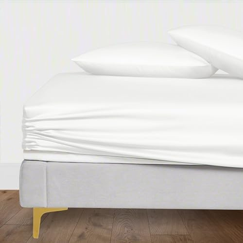 LINENWALAS Spannbettlaken aus 100 % Tencel-Lyocell, mit sicherer, eng anliegender Passform, Rundumgummi, 40 cm tiefes Spannbetttuch, weichste kühlende Eukalyptus-Seide Bettwäsche (Weiß, Einzelbett)