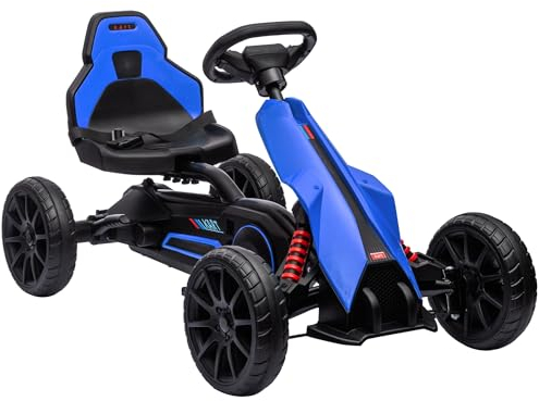 HOMCOM Gokart Tretauto mit Handbremse, verstellbarem Sitz, Vor- und Rückwärtsgang, Tretfahrzeug mit Eva-Räder, Pedal, Kinderfahrzeug Kettcar für Kinder 3-8 Jahren Blau