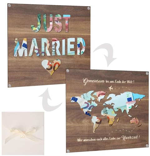 Livdouyu Geldgeschenk Hochzeit, Hochzeitsgeschenk Holz Weltkarte für Brautpaar, Personalisierte Geldgeschenk Verpackung mit Umschlag, Geldgeschenke für Hochzeitsgeschenke, Bilderrahmen 16 * 16 cm