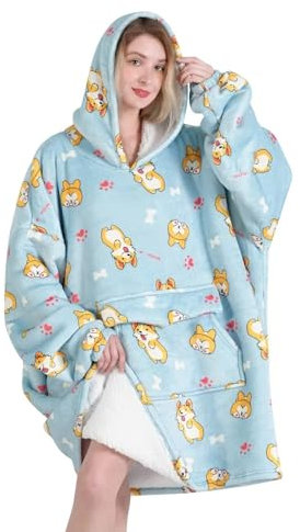 Tragbare Decke für Erwachsene, übergroße Sherpa-Fleece-Decke, Hoodie für Damen und Herren, Corgi