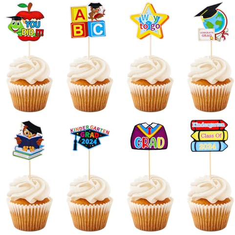 24 Stück Kindergarten Abschluss Cupcake Topper, Klasse 2024 Abschluss Cupcake Deko Picks Niedlicher Stil Kindergarten Abschluss Tortendeko Dekorationen Partyzubehör (8 Muster)