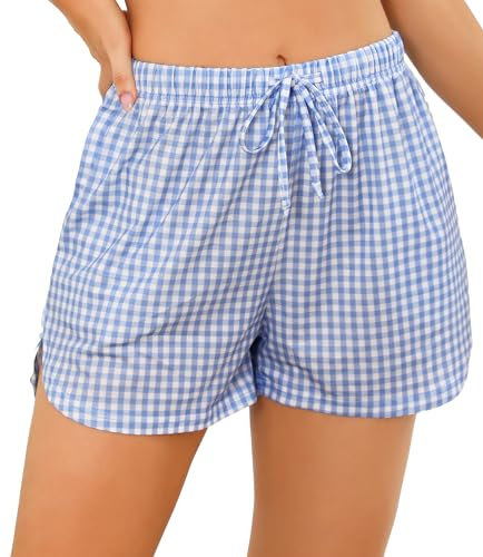 Wikoan Bas de Pyjama à Carreaux Femme Ete Short de Nuit avec Taille élastique Short de Pyjama Léger décontractée Shorts Bleu Ciel L