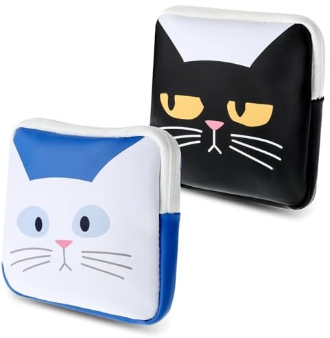 Amabro Cute Cat Sanitary Napkin Storage Bags, 2PCS Portable Waterproof Menstrual Cup Pouch Tampons Bags Nursing Pad Holder with Zipper First Period Kit Feminine Care for Women Girls Teen