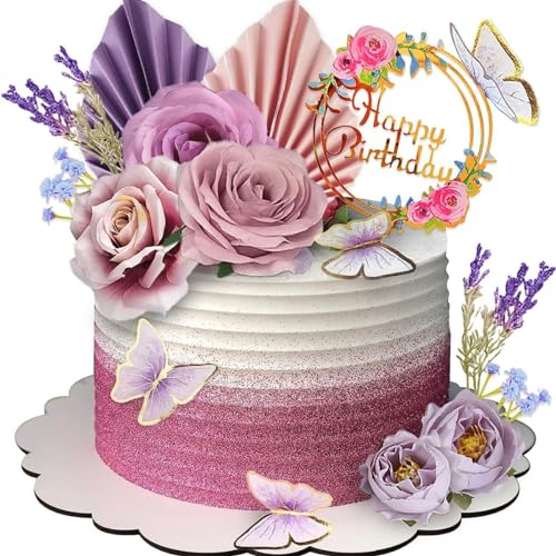 Boho Tortendeko Set - 17 Elemente inklusive Palmblatt-Verzierungen, Schmetterlinge und Blüten, Tortendeko Mädchen, Cake Topper für Geburtstagskuchen Deko, Hochzeits-Torten Deko und mehr