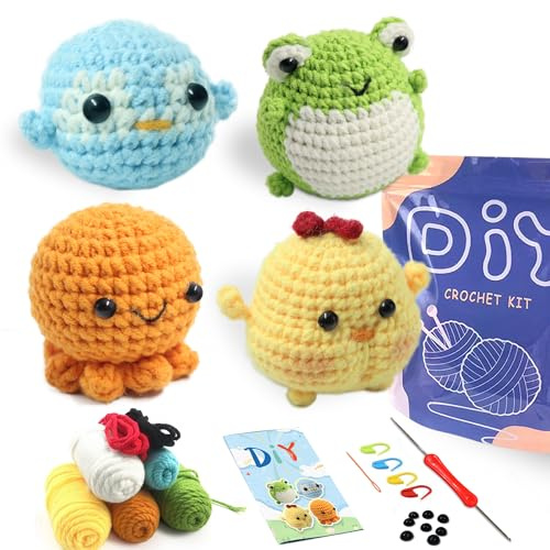 YAMAXIN Kit de crochet pour débutants – Kit de tricot facile à apprendre à démarrer avec des tutoriels vidéo étape par étape pour adultes (poussin, grenouille, pingouin, pieuvre)