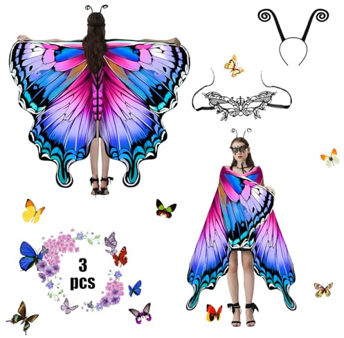 Jeackcelle Women's Butterfly Costume Cape - Fairy Wings Fancy Dress for Halloween Carnival Party Cosplay Dancing (RoseBlue)
