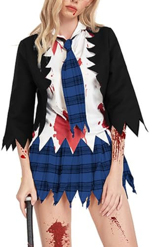 Rrongwn Damen Halloween Zombie Schulmädchen Kostüm Zombie-Studentenkostüm Zombiekostüm Gruselkostüm Event Party Dress Schuluniform Blutbefleckten Rändern Mädchen Blutige Zombie Kostüm