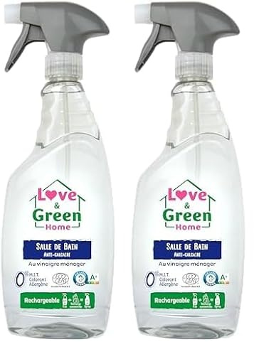 Love & Green Home Spray Nettoyant écologique salle de bain anti-calcaire au vinaigre ménager Certifié A+ par Air Label et Ecodétergent par Ecocert - 750ml (Lot de 2)
