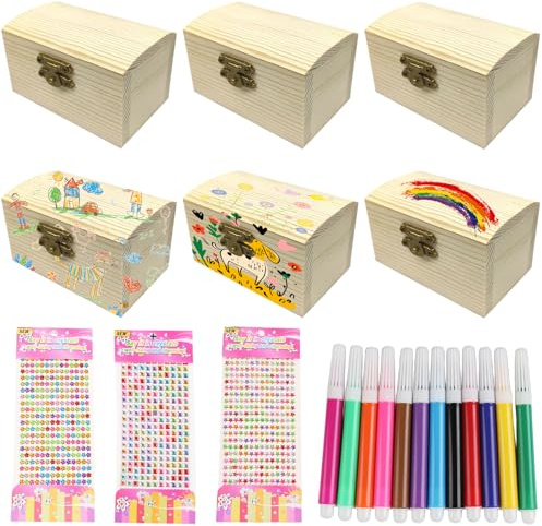 BAIFULAI Mini Schatztruhe aus Holz, 6 Stück Schatzkiste kinder, Kindergeburtstag mit Deckel& Aufkleber& 12-Farben-Aquarellstift, Rechteckige Holzschatzkiste für Piratenparty Geburtstags DIY