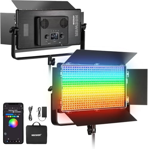 NEEWER 105W RGB LED Panel Videoleuchte Set mit Abschirmklappen 1200 LEDs 31500Lux@0,5m 2500K-10000K CRI96+/TLCI97+ dimmbar APP/2,4G/Panel/DMX Steuerung Studiofotografie und Video Beleuchtung, AP100C