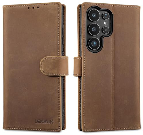 LENSUN Echtleder Handyhülle für Samsung Galaxy S25 Ultra, Hülle [Brieftasche][RFID Schutz][Standfunktion] Lederhülle Handytasche für Galaxy S25 Ultra - Vintage Dunkelbraun