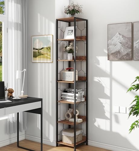 Trironsun Bücherregale Standregale 6 Ebenen Eck-Bücherregal Industrielles Eckregal Schlankes Regal für Heimbüro Rustikaler quadratischer Regalturm für kleine Räume
