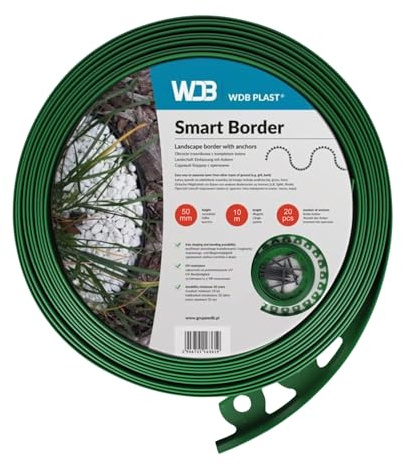 WDB Flexible Rasenkante aus Kunststoff - 10m Lang 5cm Hoch - mit 20 Befestigungsnägel - Grün