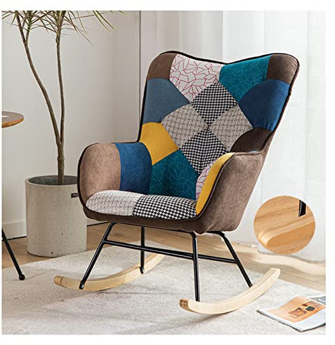 Patchwork Schaukelstuhl mit Massivholzsockel Hochlehner Loungesessel und Fußhocker Bunt Stillstuhl für Wohnzimmer Schlafzimmer Terrasse
