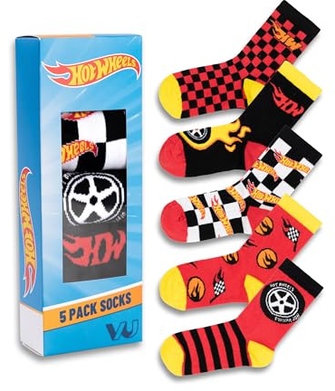 Hot Wheels Boys Calf Socks Set of 5 | Red, Black & Yellow Striped, Checkered Designs | Flames & Checkerboard Patterns | Everyday Wear, Sports Socks for Kids