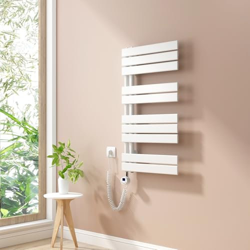 Heilmetz Radiateur Sèche-Serviette Électrique Plat 899 x 400 mm, avec Élément Chauffant Thermostatique et Fonction Minuterie, Salle de Bain Sèche-Serviette Murale - Branchement Côté 400W, Blanc