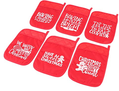Tixiyu Christmas Potholders with Pocket Heat Resistant Oven Mitts 6Pcs Xmas Pot Holders with Festive Patterns Reinforced Stitching for Baking Cookies Candy Christmas Party Supplies
