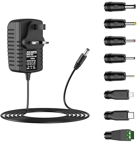 12V 2A Power Supply Adapter,Universal AC DAC/DC Converter Adapter Driver Transformer UK Plug 5.5 x 2.5mm(Compatible with 5.5 x 2.1mm) for LED light CCTV Camera (Black)