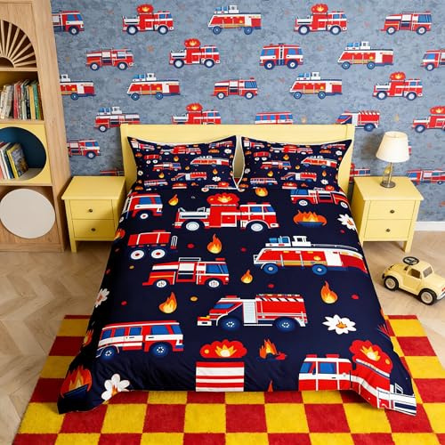 Homemissing Feuerwehr Bettwäsche Set 135x200cm Rotes Auto Bettbezug mit Reißverschluss Feuerwehrmann Auto Fahrzeug mit 1 Kissenbezug Bettwäsche-Set