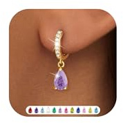 ZNBOH Ohrringe Gold Hängend Damen 18K Vergoldete Klein Creolen Geburtsstein | Zirkonia Damenohrringe Mit Stein Rubin Aquamarin Smaragd Peridot Amethyst,Schmuck Geburtstag Geschenk für Freundin Frauen