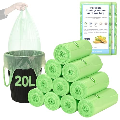 YOMKILU 200 Pièces Sac Poubelle Biodégradables 20L, 10 Rollen 50x63cm Sacs Poubelle avec Poignée, 4-6 Gal Ultra Résistant Trash Bag pour Cuisine, Maison, Bureau, Vert