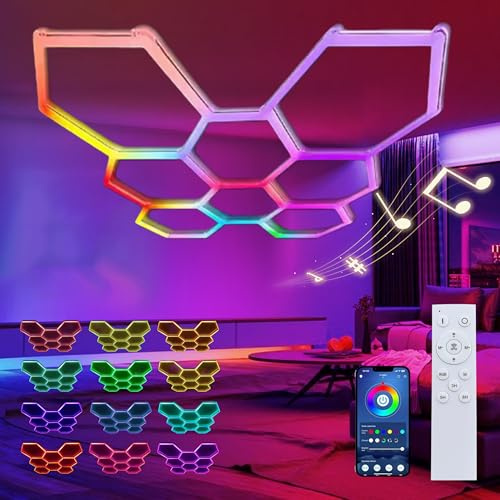 wgzixezn Hexagon Led Garage Light RGB Led Garage Light Werkstatt Deckenleuchte Panel Deckenleuchten Hexagon Deckenleuchte 360+ Farbe Bringen Musikkontrolle Modell& Sechseck Gaming (RGB, 101IN)