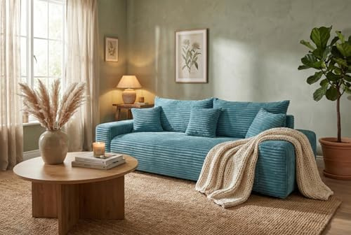 SOFILAND Cordo Schlafsofa 265×150 cm mit Bettkasten – Cord Sofa TILIA Breitcord, SoftTouch Komfort, 3-Sitzer Couch, abnehmbare Kissen, Easy Clean & Pet Friendly (Blau)