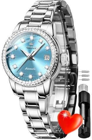 OLEVS Damenuhr Damen Automatik Mechanisch Skelett Luxus Diamant Elegant Edelstahl Wasserdicht Analog Uhr Damen