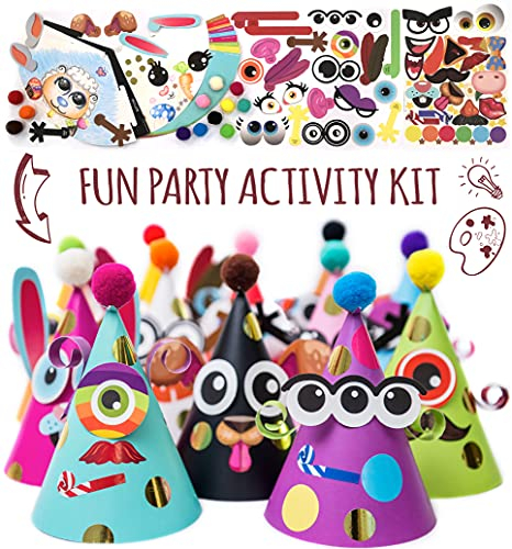 Kegelhüte machen Aktivitätskit - DIY Kunst & Handwerk Projekt Set mit 12 bunten Hüten, Pompons und Aufklebern. Spaß Indoor-Familienzeit zu Hause. Handgemachte Dekoration und Geburtstagsfeier