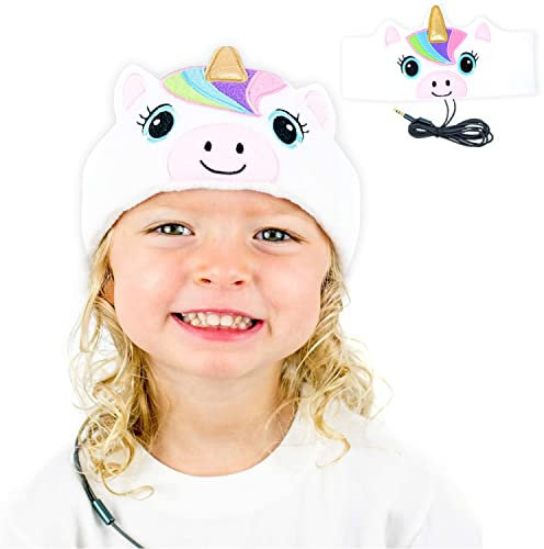 CozyPhones Over The Ear Headband Headphones - Kids Headphones Volume Limited with Thin Speakers & Super Soft Stretchy Headband - White Unicorn