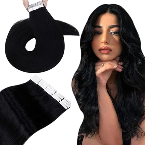 Hetto Tape in Extensions Echthaar Schwarz Extensions Tape in Echthaar Unsichtbar Haarverlängerung Tape Echthaar Schwarz Dickes Haar#1 40cm 50g