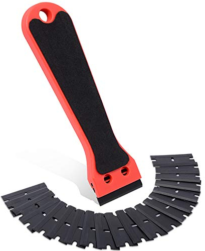 FOSHIO Raschietti in plastica per rasoi a manico lungo multiuso con adesivo antiscivolo EVA con 20 lame in raschietto in plastica, raschietto pulizie adesivo per decalcomanie, nero