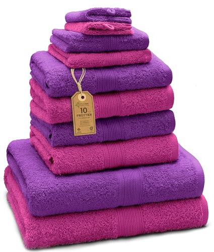 GREEN MARK Textilien 10 TLG. FROTTIER Handtuch-Set mit verschiedenen Größen 4X Handtücher, 2X Duschtücher, 2X Gästetücher, 2X Waschhandschuhe - Premium Qualität (10 TLG. FROTTIER Set, Pink/Lila)