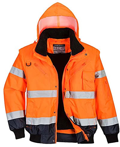 Portwest C465 Hi-Vis 3-in-1 Waterproof Contrast Hooded Bomber Jacket with Pockets - Reflective Outdoor Safety Security Workwear Coat, Orange/Navy, XS
