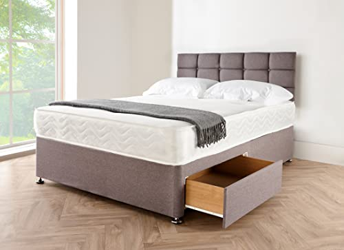 Grey Linen Look Divan Double Bed Frame with 20” Cubic Headboard | | Double Bed and Mattress Included Spring Memory Foam & 2 Storage Drawers