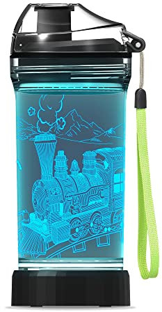 Lightzz Kids Water Bottle with 3D Glowing Train LED Light - Tritan BPA Free - Creative Ideal Travel Cup Train Engine Gift for Back to School Girl Boy Child Holiday Camping Picnic (Train Engine 14 Oz)