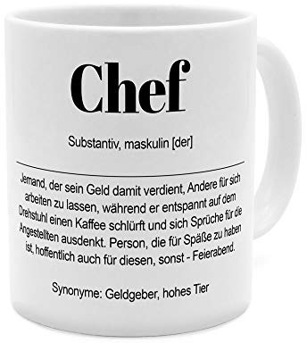 Tasse mit Definition Chef - Tasse mit Spruch, Wörterbuchtasse, Geschenktasse, witzig, Kaffeebecher, Becher, Kaffeetasse - Farbe Weiß