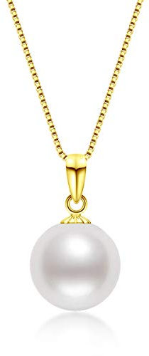 DENGGUANG 18K Gold Pearl Pendant Necklace Freshwater Cultured Single White Pearl Necklaces with 18 Silver Chain Jewellry Gifts for Women Bridesmaid, 9-10mm Yellow Gold