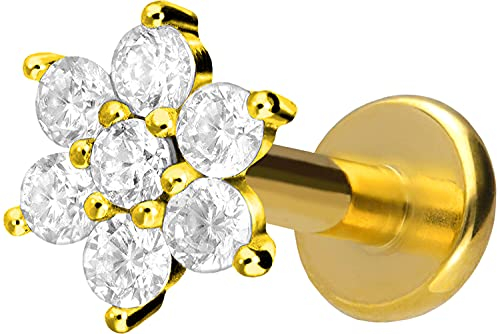 PIERCINGLINE Titan Labret mit Gewinde KRISTALLBLUME Piercing Lippe Nase Ohr Helix Goldfarben 1,2 x 6 mm