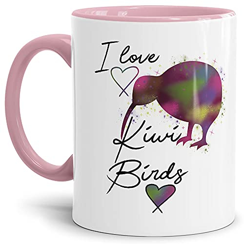 Keramik Tasse mit Spruch - Kiwi Tasse - I Love Kiwi Birds - Geschenkideen für Familie, Freunde und Kollegen - Innen & Henkel Rosa, 300 ml