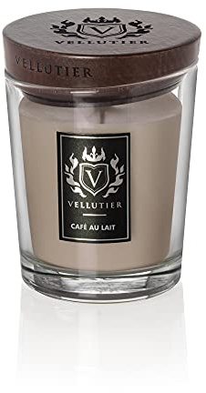 Vellutier Duftkerze Café Au Laitt, Kerze im Glas, Spezialrezeptur aus Samtigen Wachs, in Hochwertigem Glas mit einem Holzdeckel, Kaffeebohnen rösten- und Vanille-Aroma, 11,5 x 9 cm, Mittel, 225g