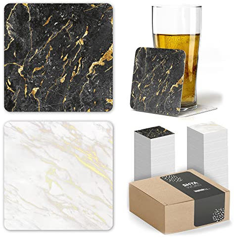 100 Posavasos de Cartón Originales, Decorativos y Absorbentes para Bebidas y Líquidos. Portavasos para Mesa con Efectos de Acabado 10 x 10 cm y 1,4 mm Espesor. (Efecto Marble Cuadrado, 100)