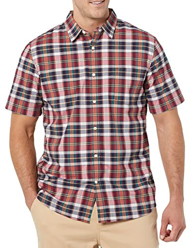 Amazon Essentials Men's Slim-Fit Short-Sleeve Poplin Shirt, Navy Red White Plaid, M