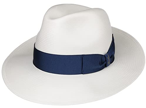 Borsalino Chapeau Panama Big Brim Femme/Homme - Made in Italy Paille de Bogart avec Ruban Gros Grain, Grain Printemps-été - 61 cm Nature-Bleu