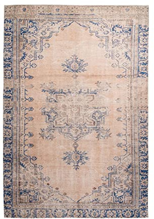 Qiyano Hikina Vintage Teppich Blau Creme 140 x 200 cm, Kurzflor Teppich Wohnzimmer & Schlafzimmer mit Baumwollrücken, Ornament-Muster, Florhöhe ca. 9 mm