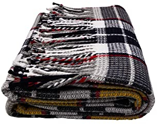GLAESER Wohndecke Fair Deluxe Cotton All Seasons | Wolldecke aus 50% Baumwolle, 30% Polyester und 20% Acryl | Couchdecke/Sofadecke | Kuscheldecke | Wolldecke mit Fransenborde (Gelb/Schwarz Kariert)